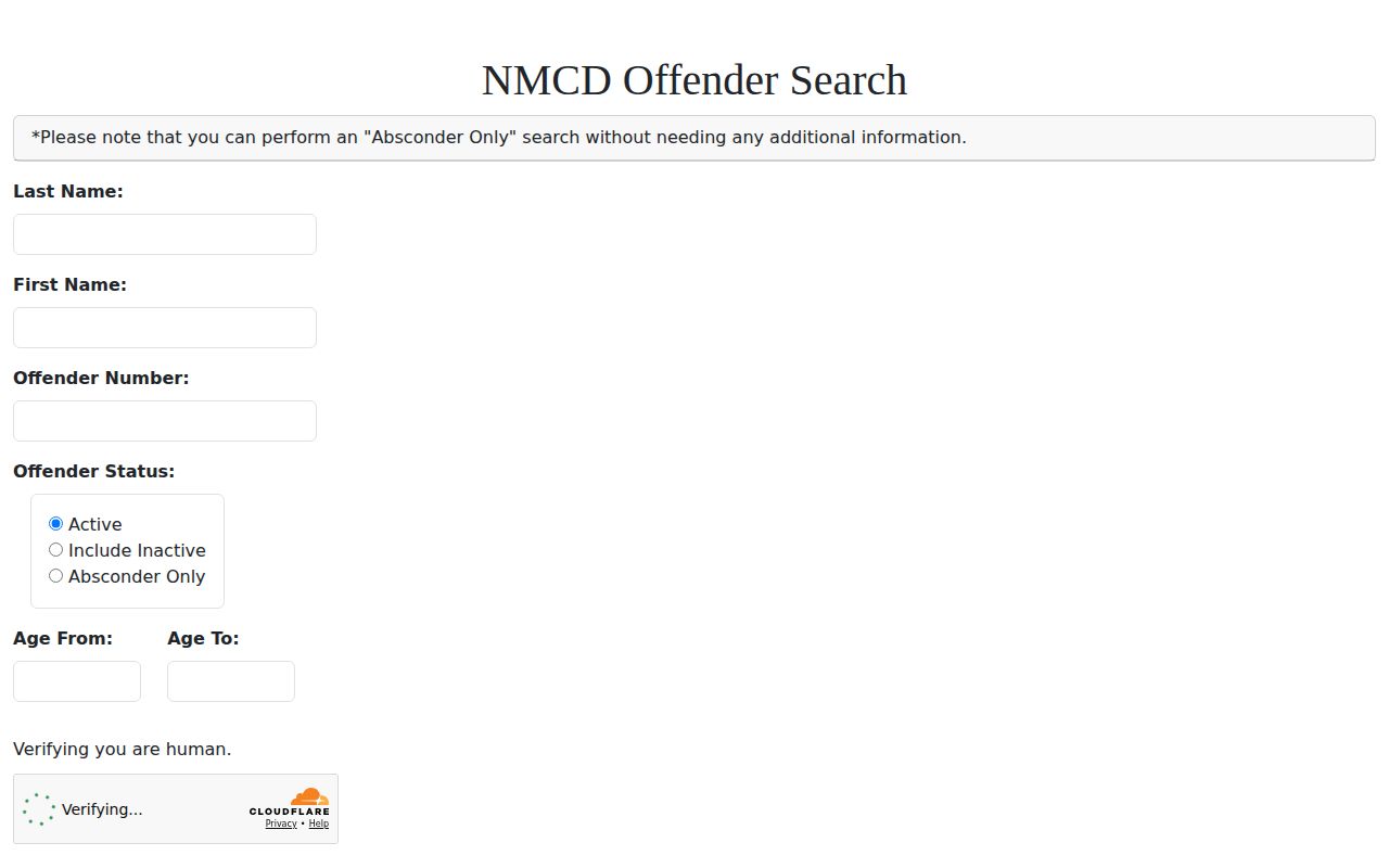 NMCD offender search fields for New Mexico released inmates