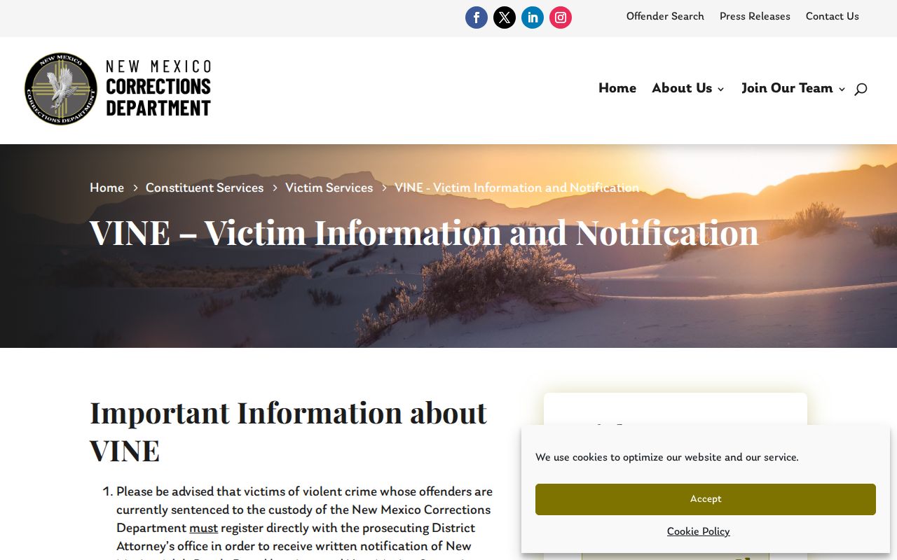 New Mexico VINE release alert functions and service notice